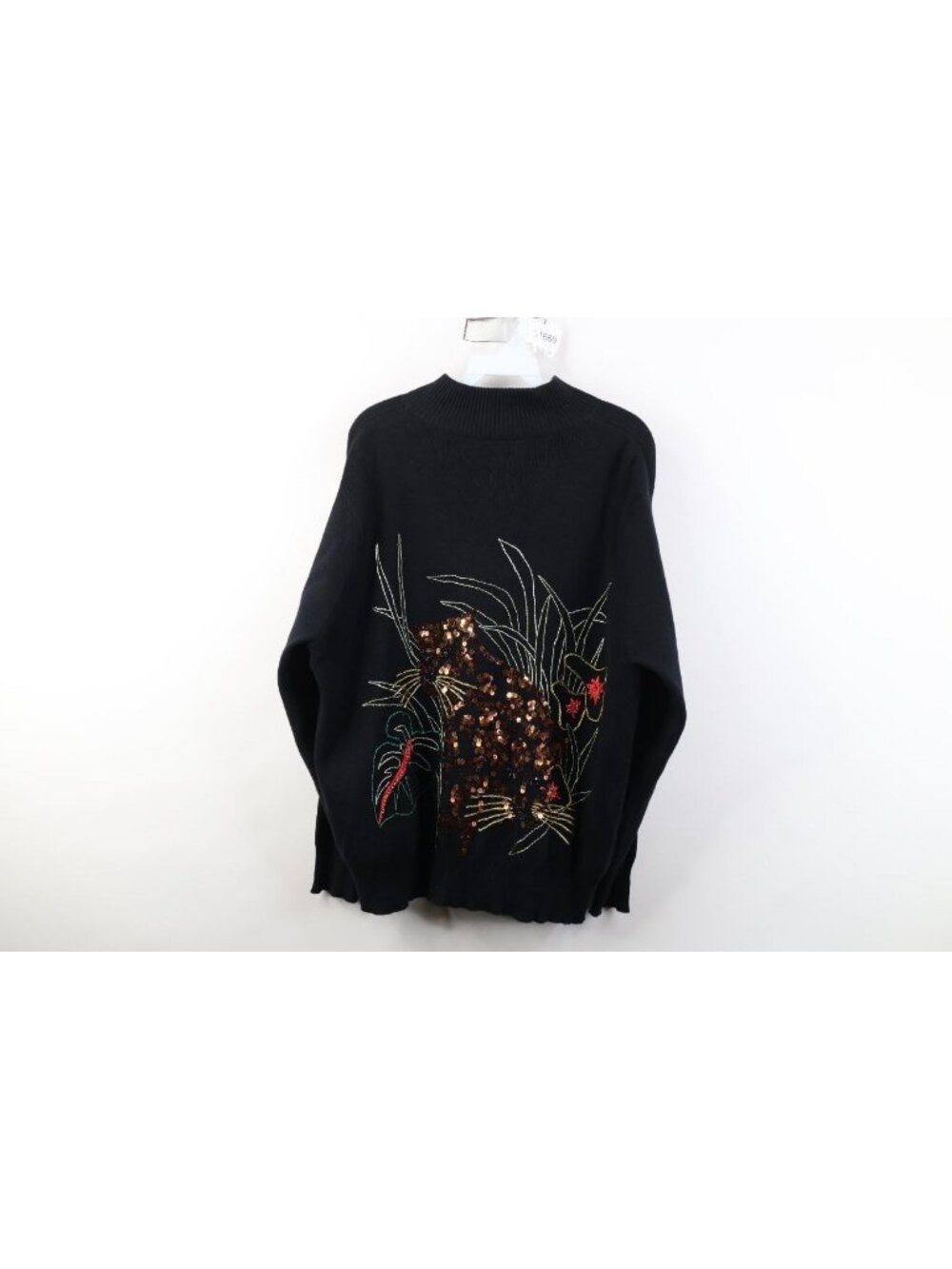 Vtg 90s Streetwear Womens Large Linen Blend Sequin Leopard Zip Cardigan Sweater